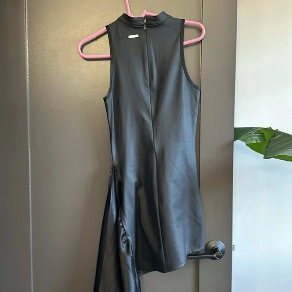 Vegan Leather & Satin Wrap Bodycon Dress - Black - Picture 7 of 12
